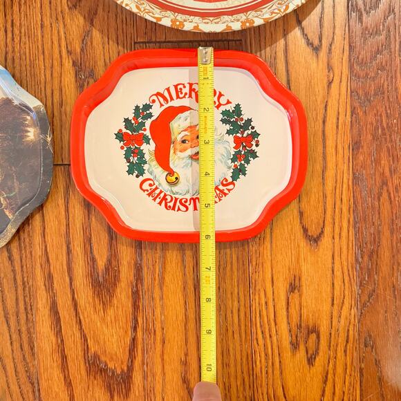 VTG Christmas 5 Metal Serving Trays Plates Round Rectangle Cookies Santa Holiday - Picture 9 of 13